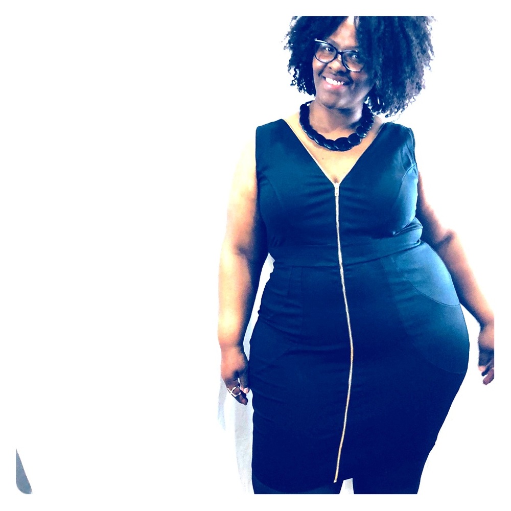 Plus size black midi cocktail dress with zipper